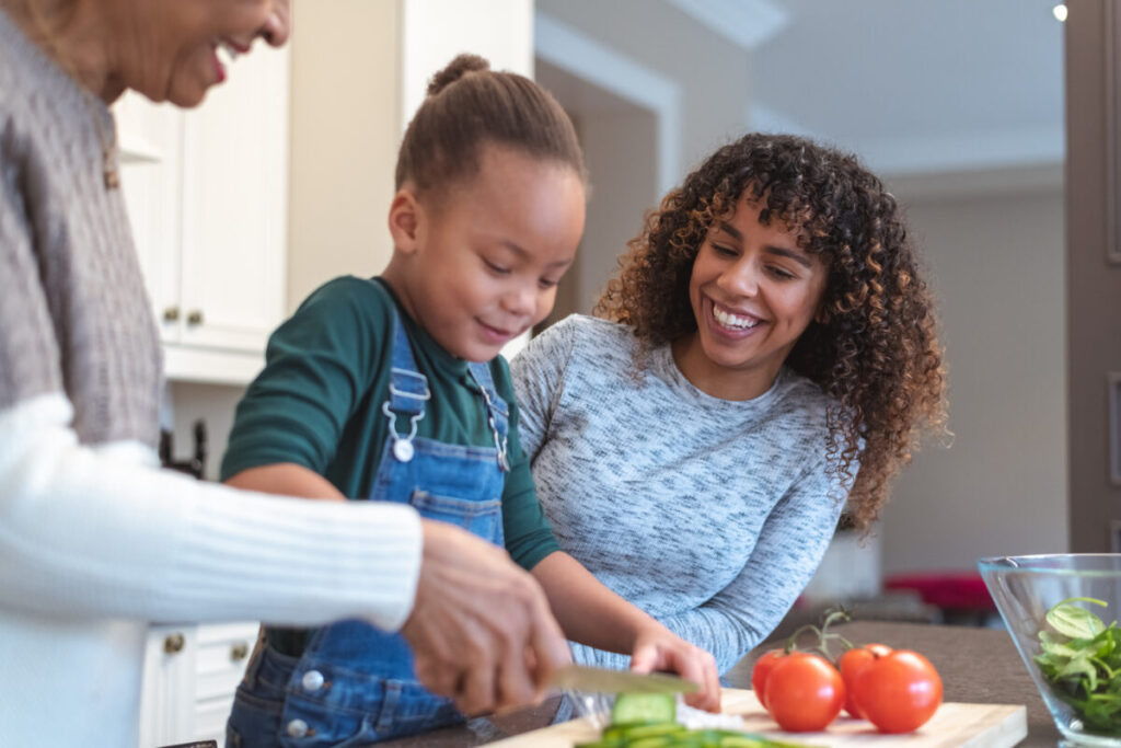 family generations cooking food